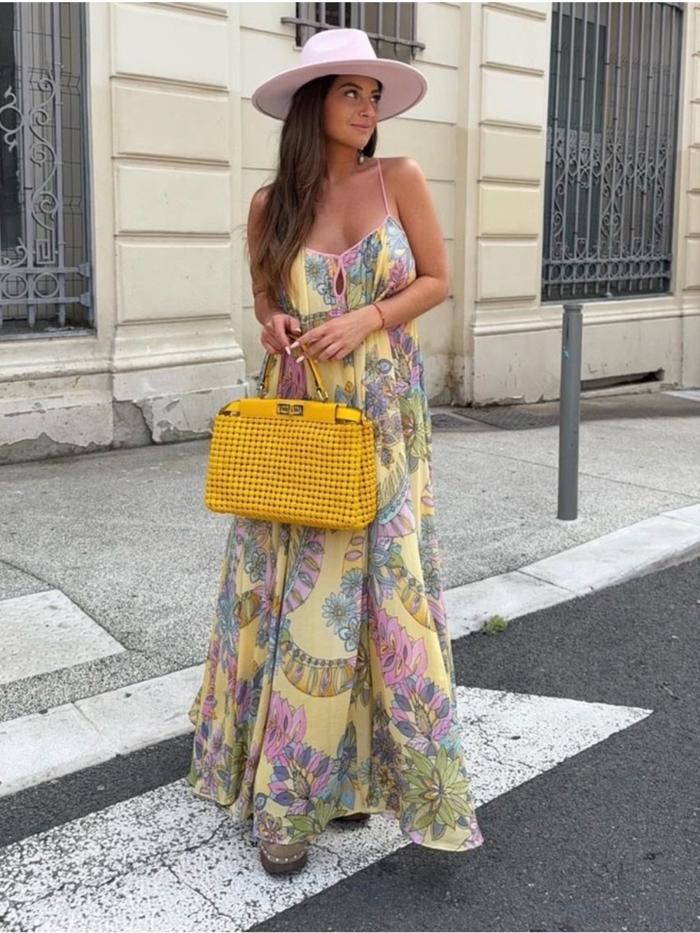 BNWT ZARA Floral Yellow Maxi Sundress with Pink Trim SZ XS